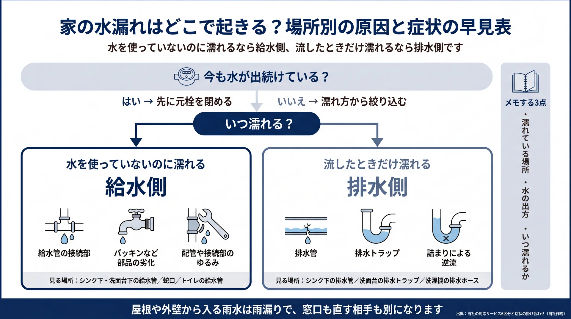 水を使っていないのに濡れるなら給水側、流したときだけ濡れるなら排水側と切り分ける判別フロー図