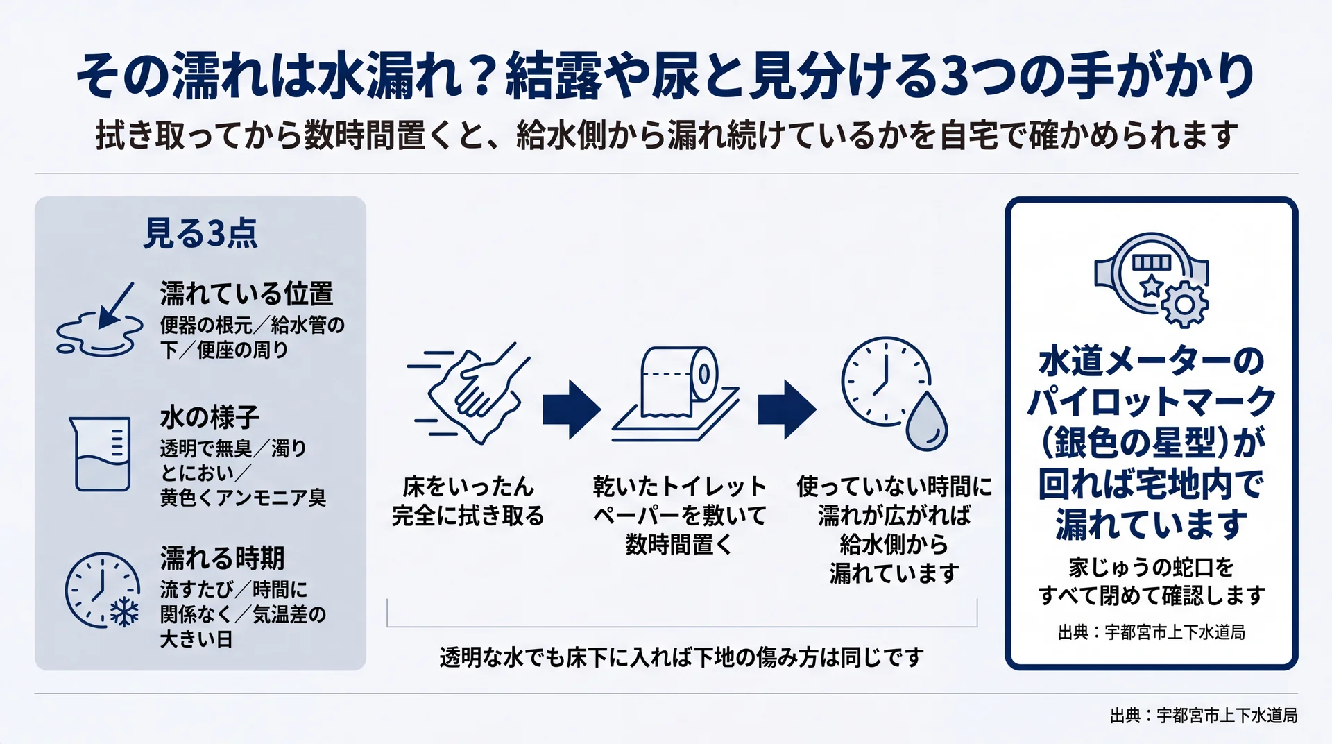 拭き取り後に紙を敷き、水道メーターの星型マークで漏水を確かめる判定フロー